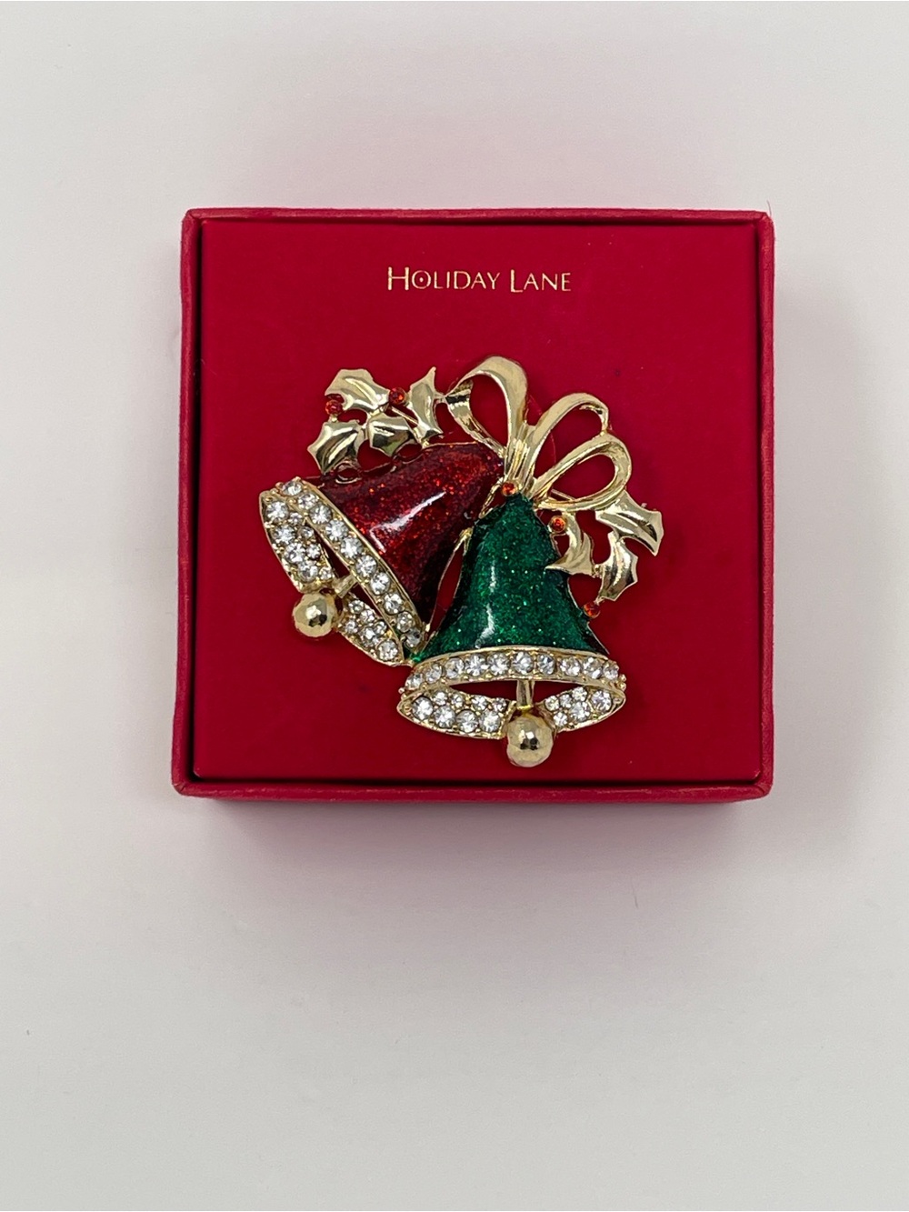 Holiday Lane Double Bell Brooch: Red Green Glitter Enamel, Rhinestone Christmas